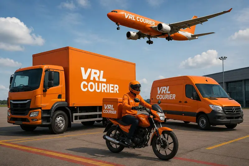 VRL Tracking — VRL Logistics fleet of truck, van, bike and cargo plane on an airfield.